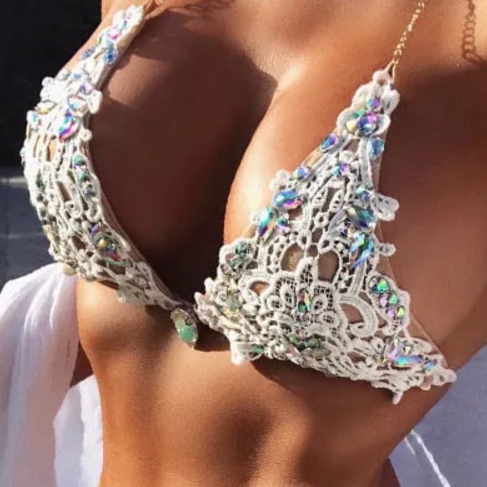 Nude beige lace crystal rhinestone bikini swimsuit yacht beach babe sexy Vegas - Picture 2 of 6